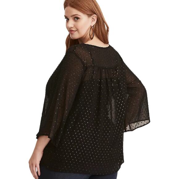 Torrid Black & Gold Foil Textured Dot Chiffon Bell Sleeve Sheer Top Size 0X - Picture 2 of 10
